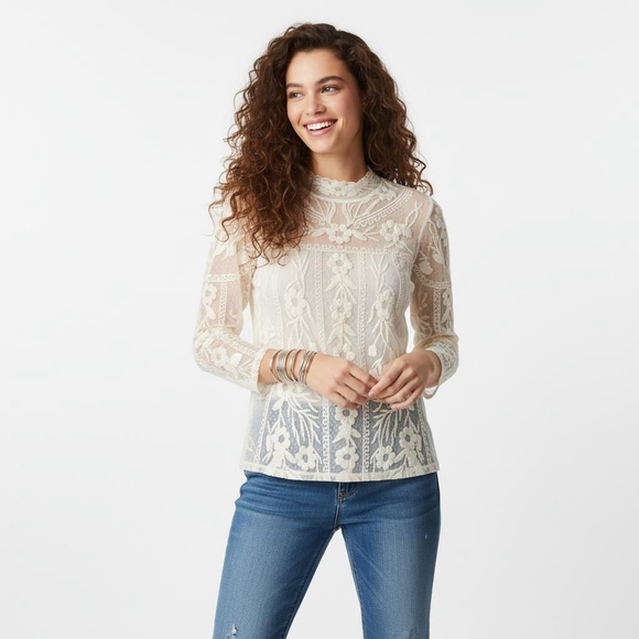 Sundance Ivory Lace Mock Neck Long Sleeve Sheer Blouse - Large - Picture 1 of 8
